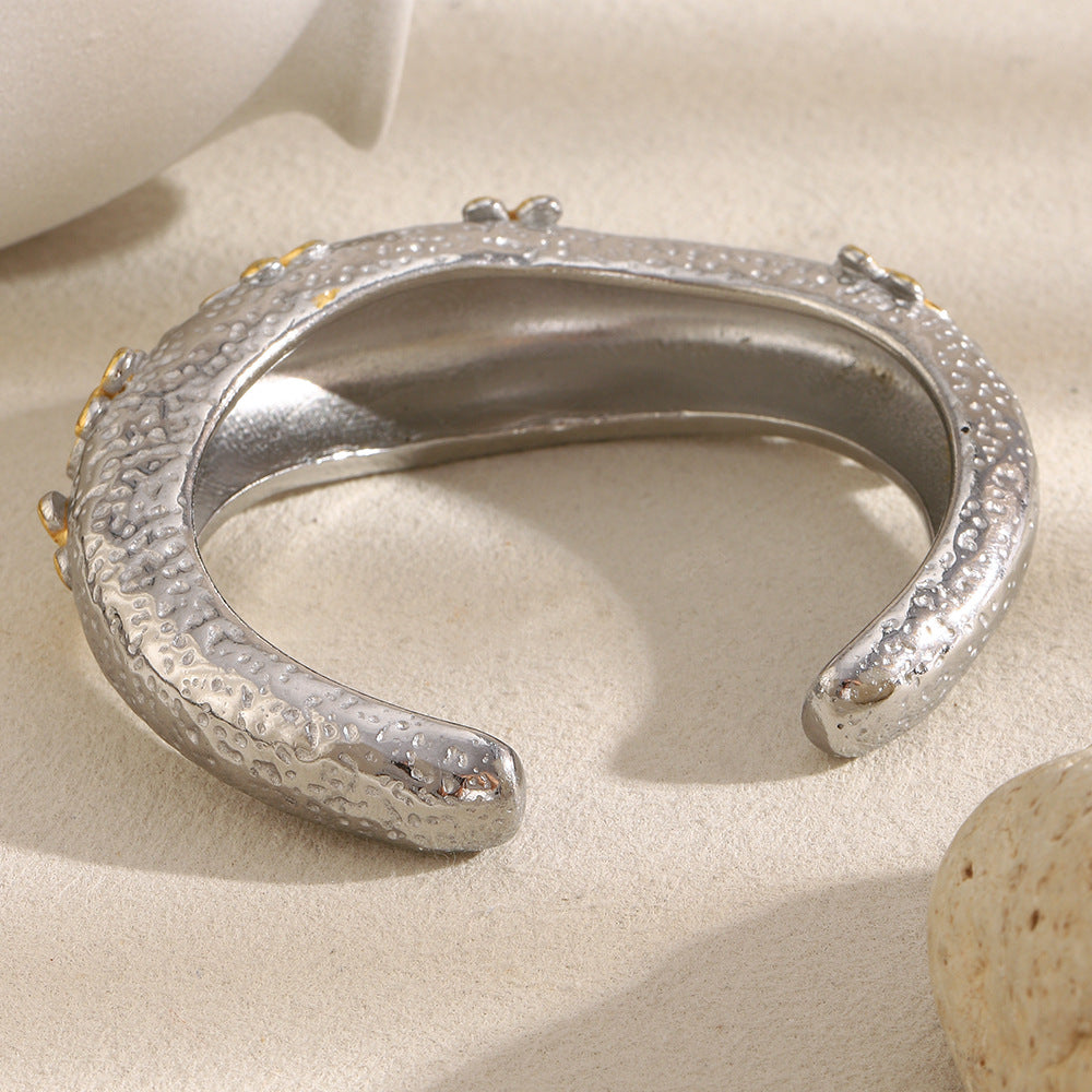 Wholesale Open Bangle Fashion Cuff Bracelets Real 18k Gold PVD Plated Stainless Steel with Gold Flowers
