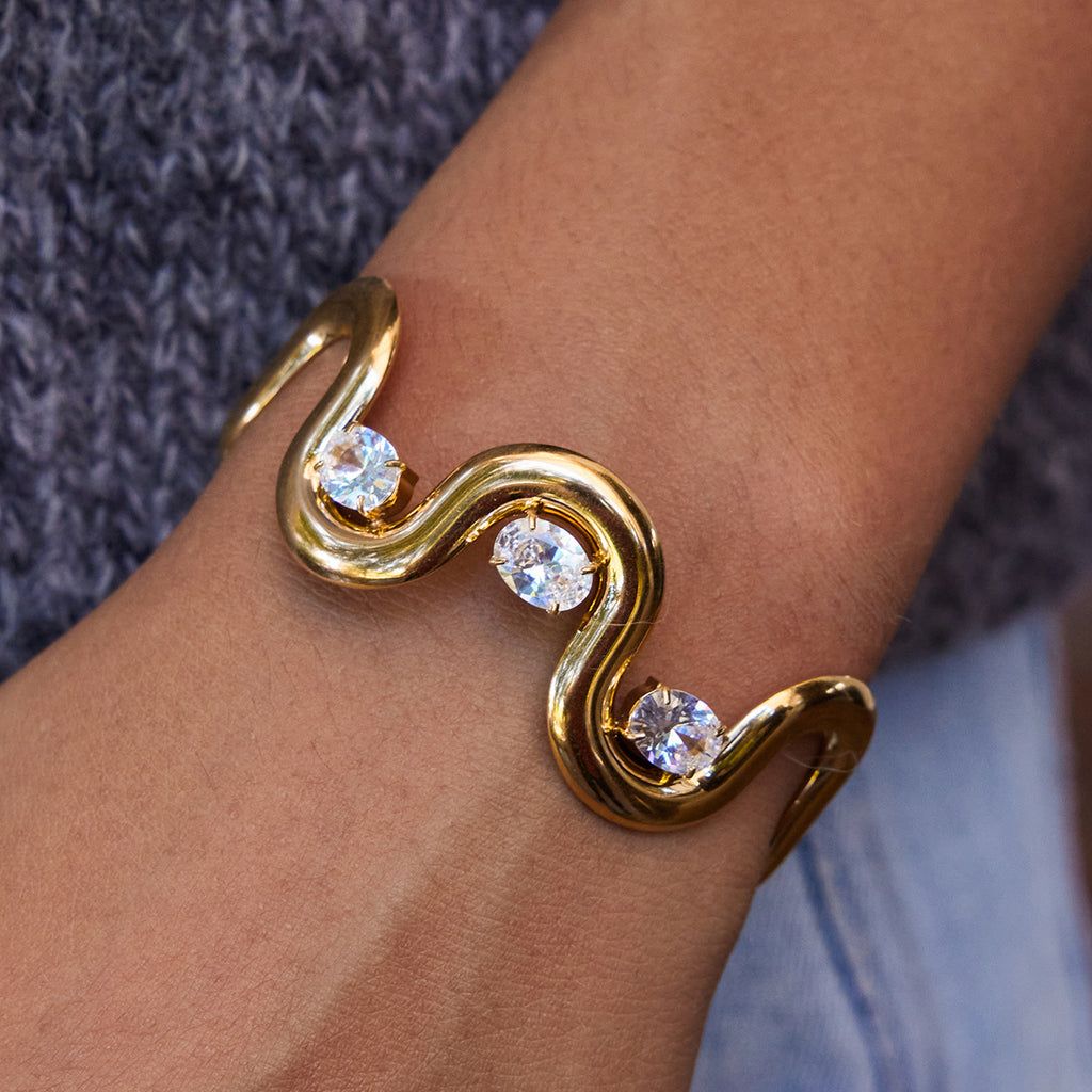 Open Bangles with White Zircons Real Gold PVD Plated Stainless Steel Fashion Chain & Link Bracelets