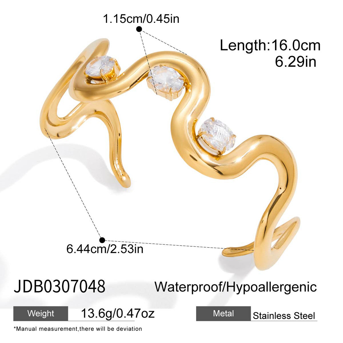 Open Bangles with White Zircons Real Gold PVD Plated Stainless Steel Fashion Chain & Link Bracelets