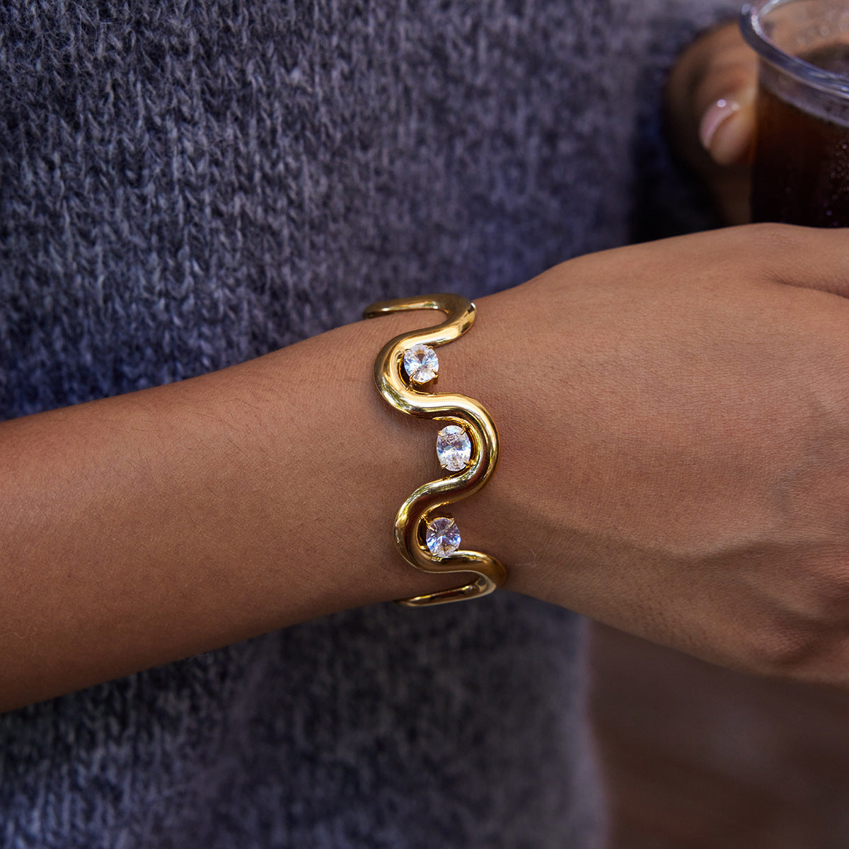 Open Bangles with White Zircons Real Gold PVD Plated Stainless Steel Fashion Chain & Link Bracelets