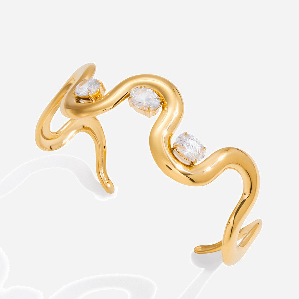 Open Bangles with White Zircons Real Gold PVD Plated Stainless Steel Fashion Chain & Link Bracelets