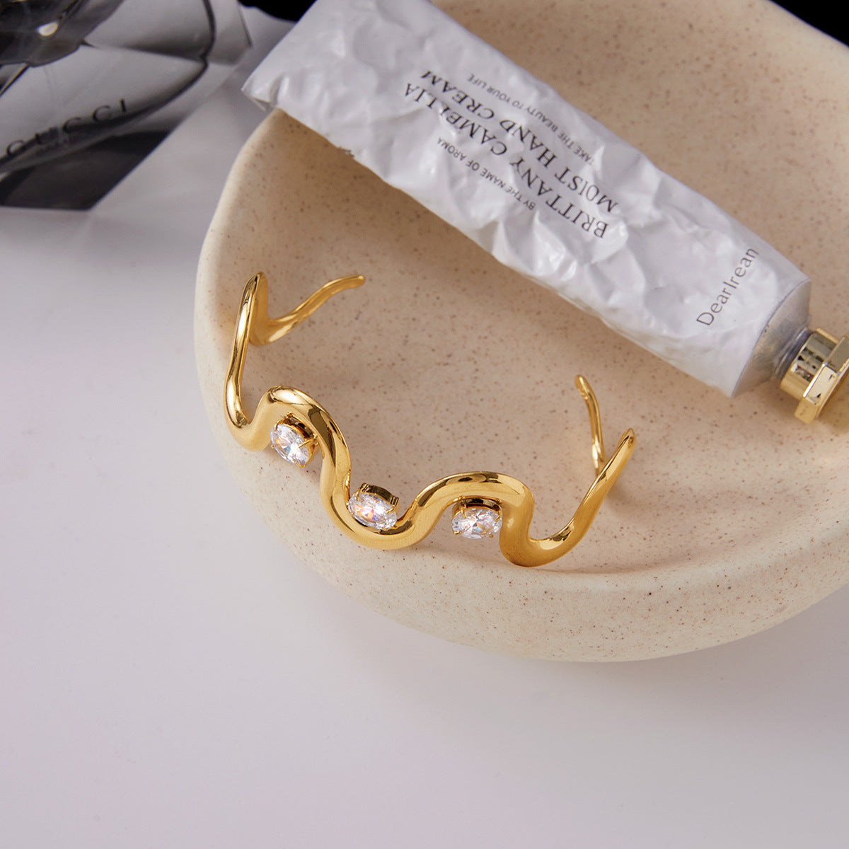 Open Bangles with White Zircons Real Gold PVD Plated Stainless Steel Fashion Chain & Link Bracelets