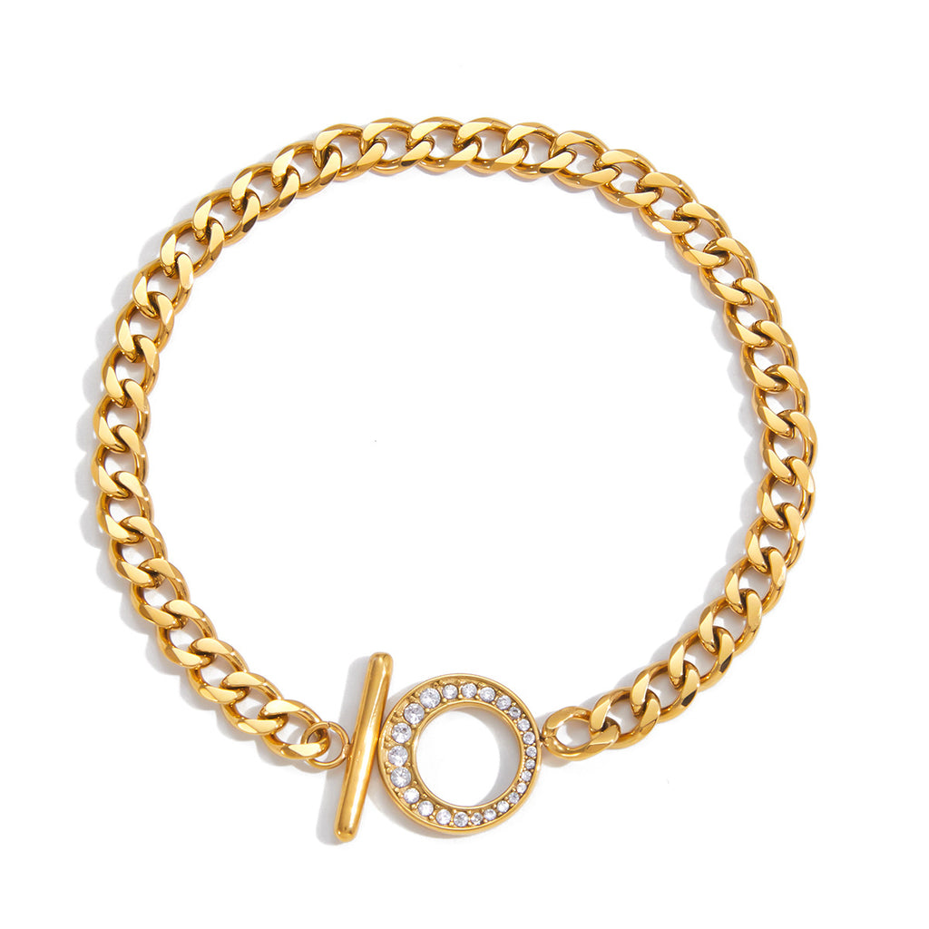 Unisex Vintage Style T Buckle Chain Bracelets Wholesale Real Gold Plated Stainless Steel Fashion Bracelets with White Zircons