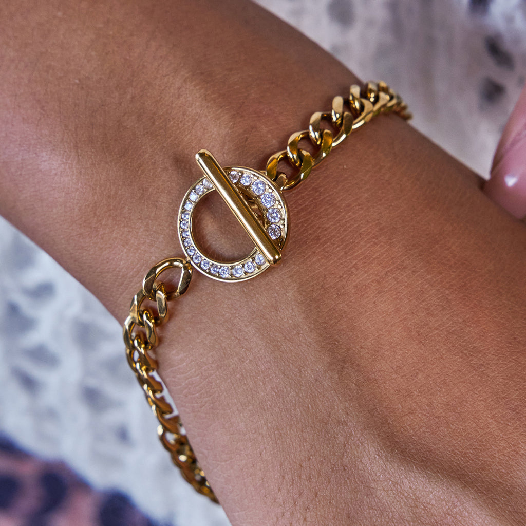 Unisex Vintage Style T Buckle Chain Bracelets Wholesale Real Gold Plated Stainless Steel Fashion Bracelets with White Zircons