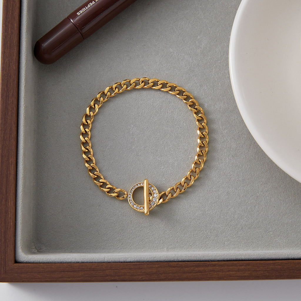 Unisex Vintage Style T Buckle Chain Bracelets Wholesale Real Gold Plated Stainless Steel Fashion Bracelets with White Zircons