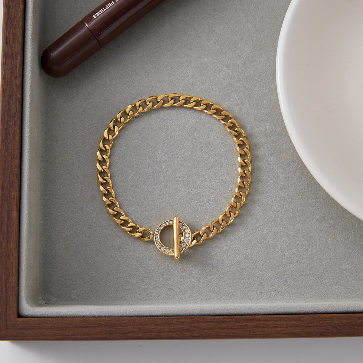 Unisex Vintage Style T Buckle Chain Bracelets Wholesale Real Gold Plated Stainless Steel Fashion Bracelets with White Zircons