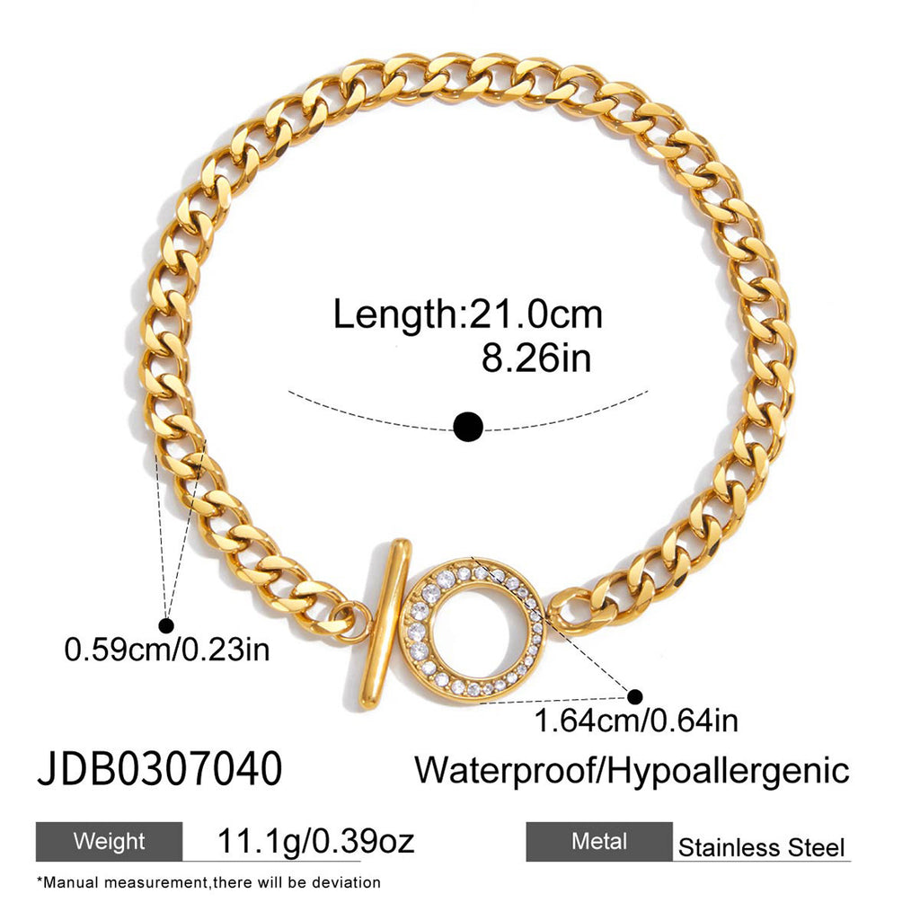 Unisex Vintage Style T Buckle Chain Bracelets Wholesale Real Gold Plated Stainless Steel Fashion Bracelets with White Zircons