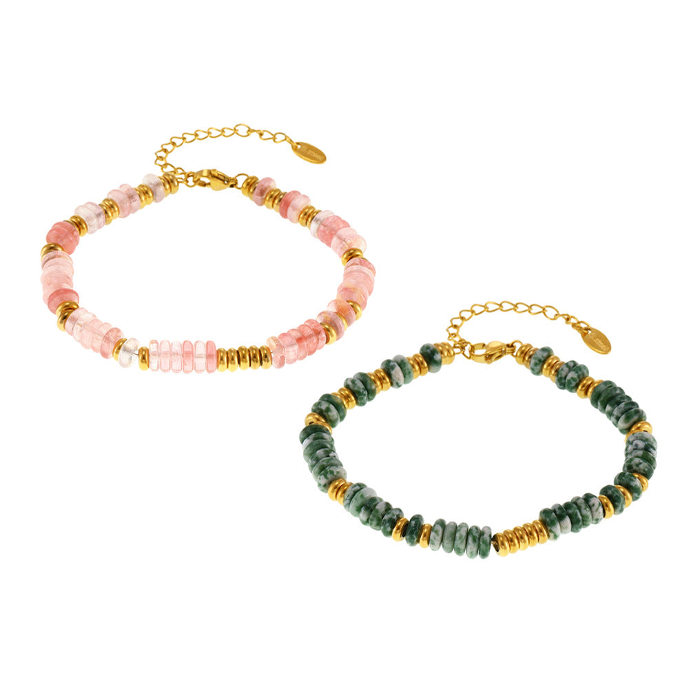 Customizable Girls Fashion Stainless Steel Bracelets Trendy Natural Stone Beads Real Gold Plated Chain & Link Jewelry Gifts