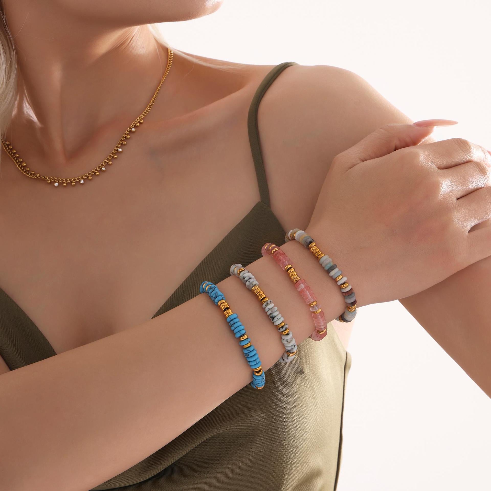 Customizable Girls Fashion Stainless Steel Bracelets Trendy Natural Stone Beads Real Gold Plated Chain & Link Jewelry Gifts