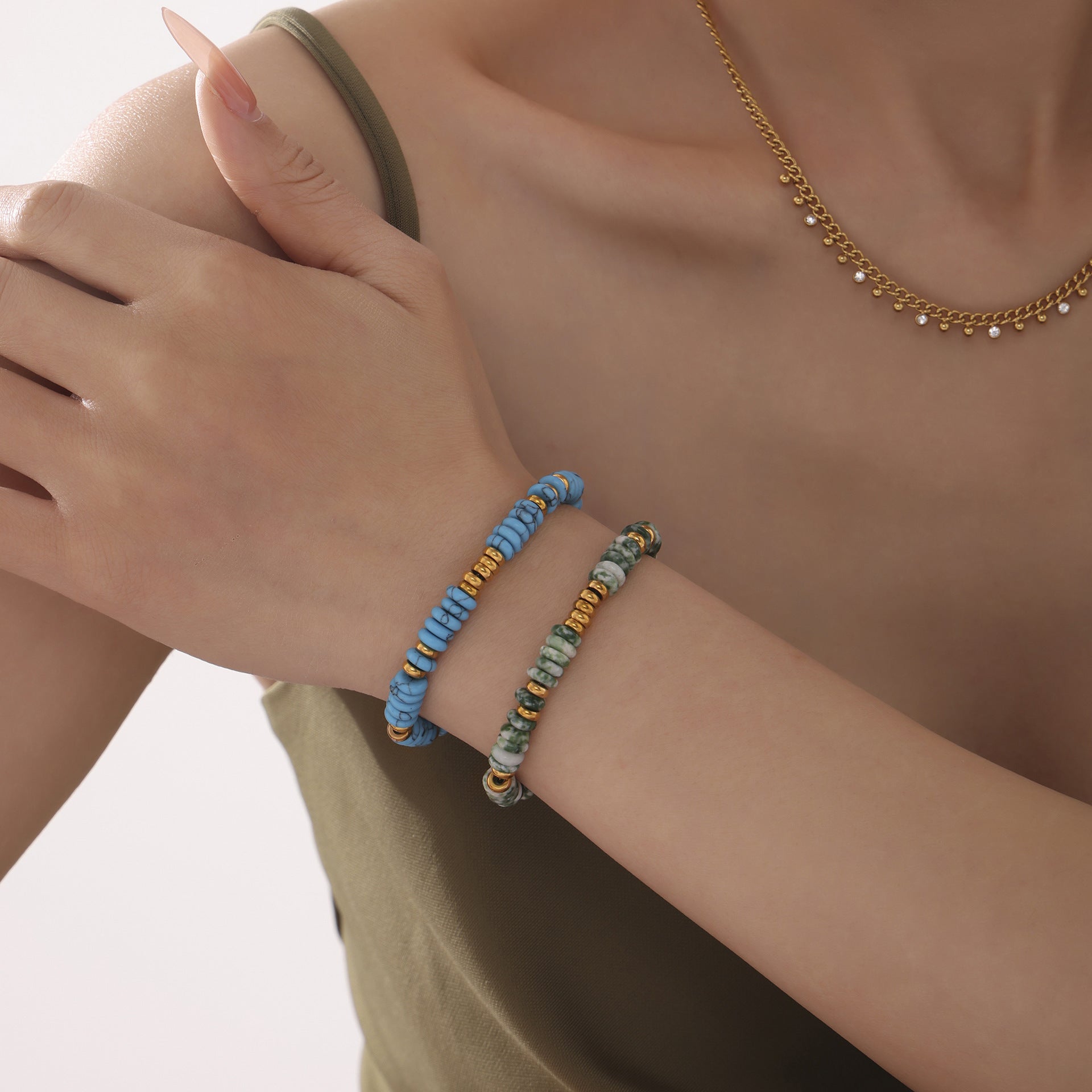 Customizable Girls Fashion Stainless Steel Bracelets Trendy Natural Stone Beads Real Gold Plated Chain & Link Jewelry Gifts