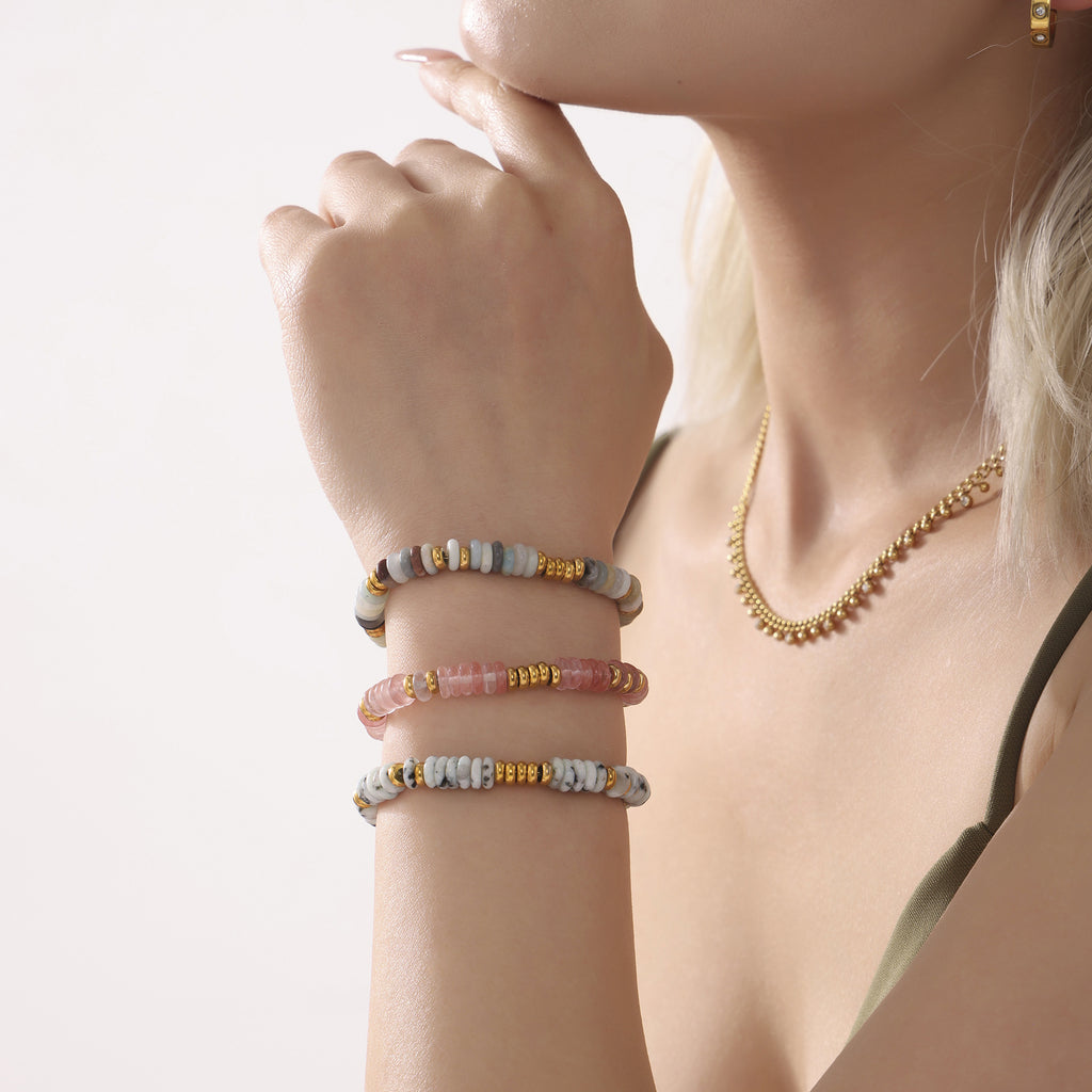 Customizable Girls Fashion Stainless Steel Bracelets Trendy Natural Stone Beads Real Gold Plated Chain & Link Jewelry Gifts