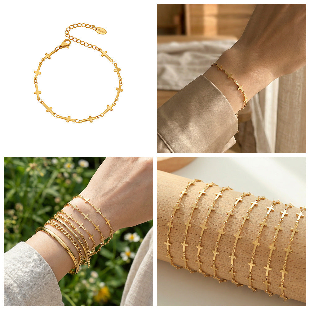 18K Gold PVD Plated Stainless Steel Classic Cross Hand Chain with Interlocking Links Gift