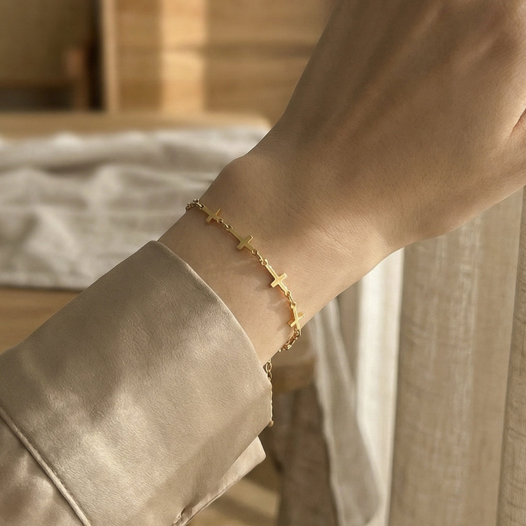 18K Gold PVD Plated Stainless Steel Classic Cross Hand Chain with Interlocking Links Gift