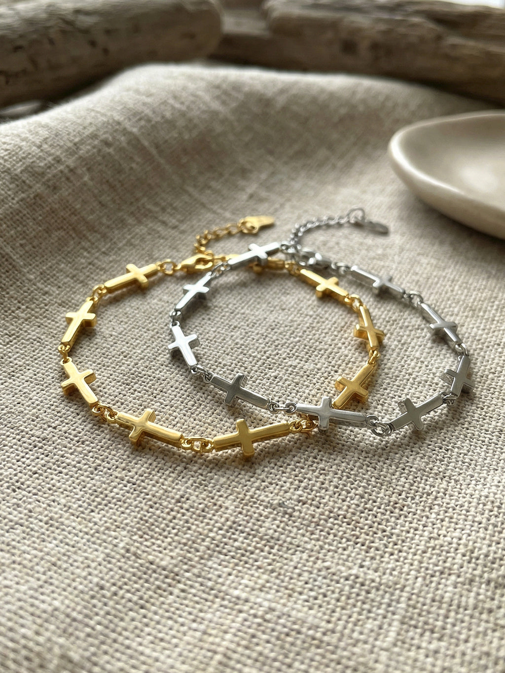 18K Gold PVD Plated Stainless Steel Classic Cross Hand Chain with Interlocking Links Gift
