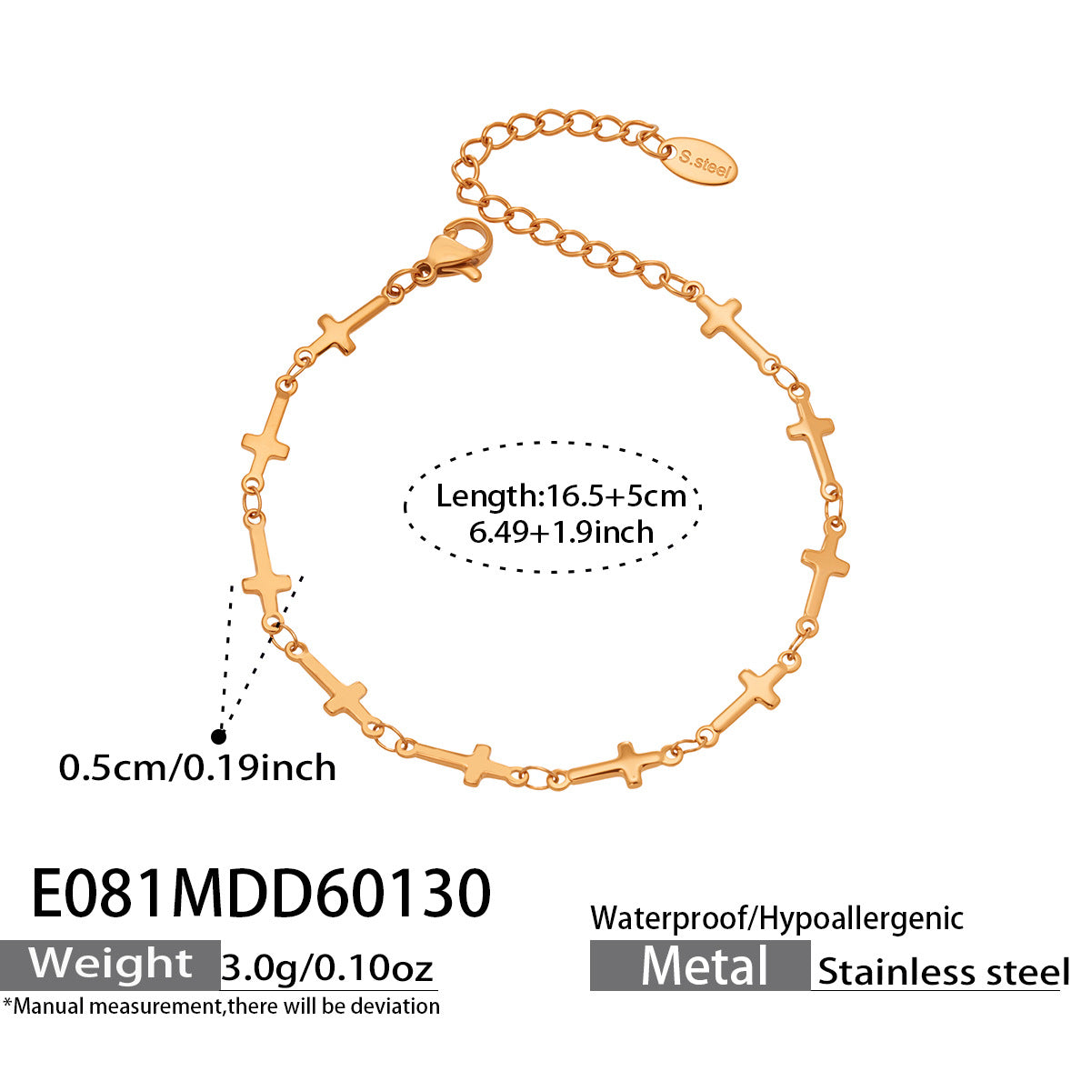 18K Gold PVD Plated Stainless Steel Classic Cross Hand Chain with Interlocking Links Gift