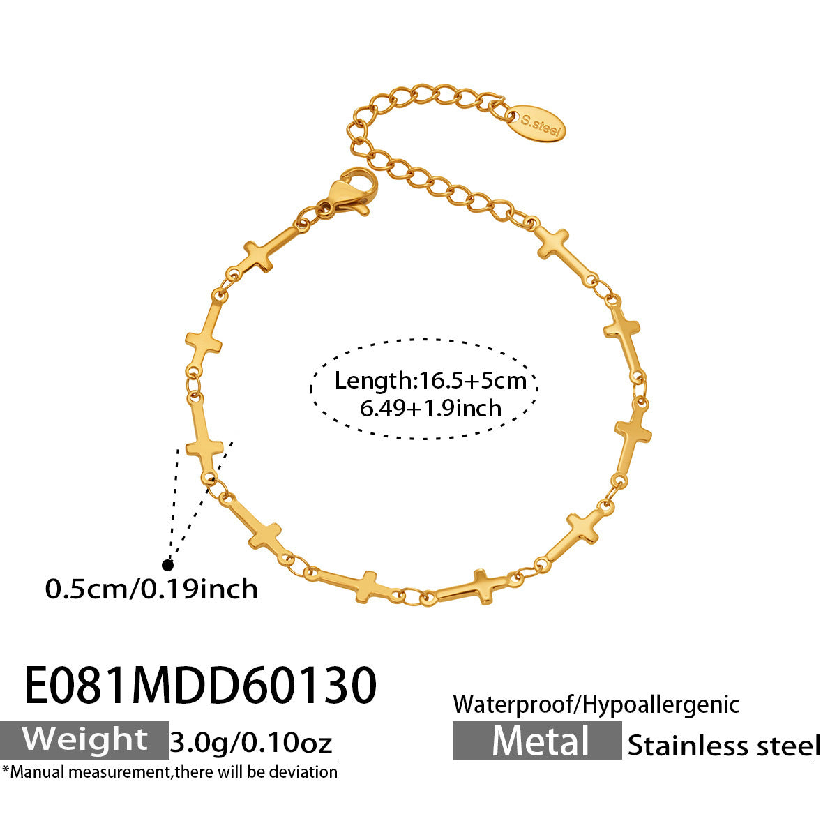 18K Gold PVD Plated Stainless Steel Classic Cross Hand Chain with Interlocking Links Gift