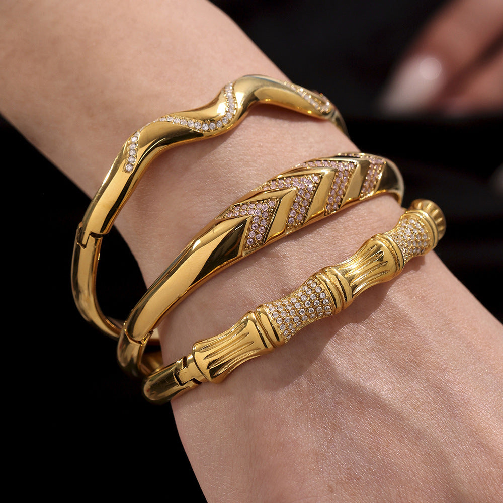 Real Gold Plated Stainless Steel Fashion Cuff Bracelets Elegant Open & Close Bangles with Zircons for Girls Fine Jewelry