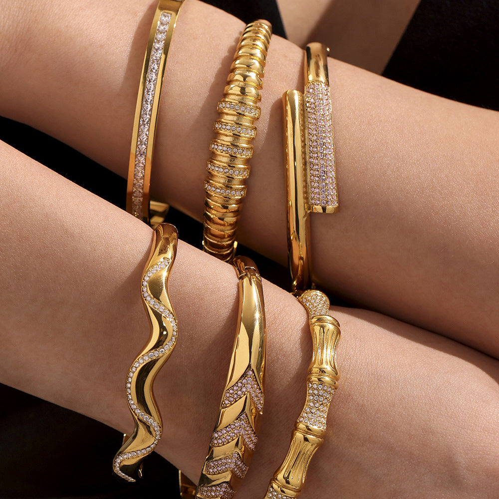 Real Gold Plated Stainless Steel Fashion Cuff Bracelets Elegant Open & Close Bangles with Zircons for Girls Fine Jewelry