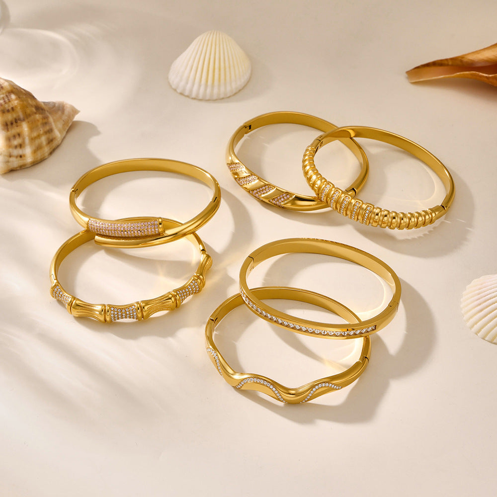 Real Gold Plated Stainless Steel Fashion Cuff Bracelets Elegant Open & Close Bangles with Zircons for Girls Fine Jewelry