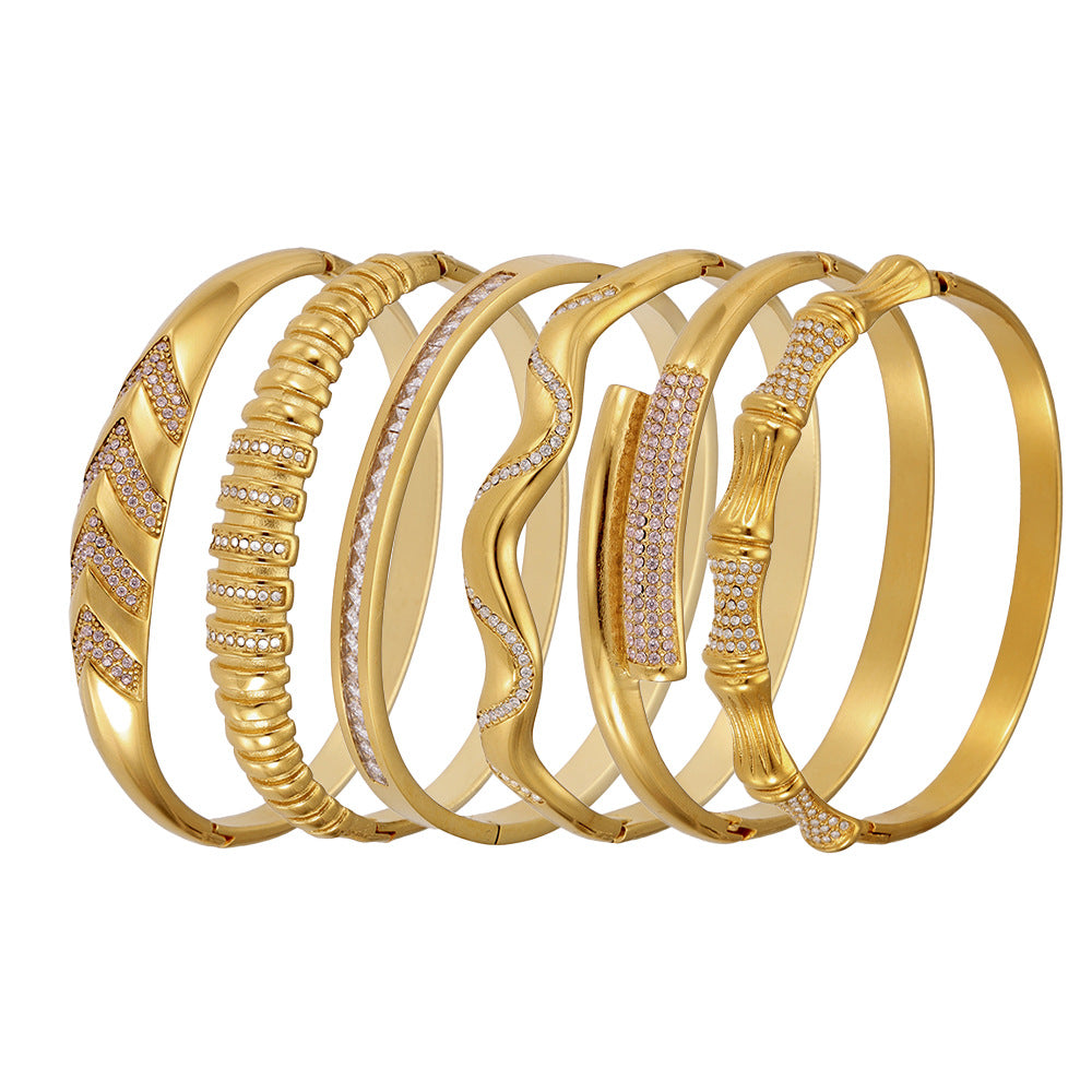 Real Gold Plated Stainless Steel Fashion Cuff Bracelets Elegant Open & Close Bangles with Zircons for Girls Fine Jewelry
