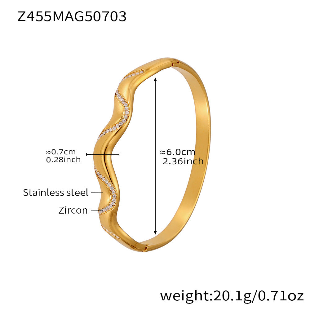 Real Gold Plated Stainless Steel Fashion Cuff Bracelets Elegant Open & Close Bangles with Zircons for Girls Fine Jewelry