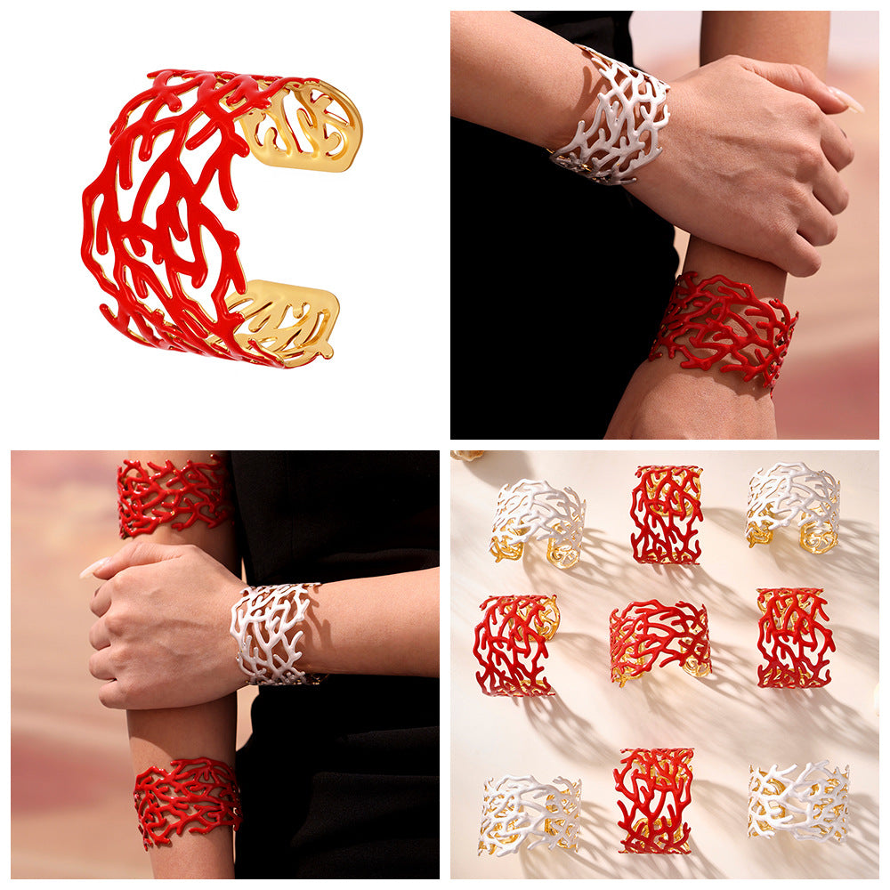 Chunky Open Bangle Real Gold Plated Stainless Steel Fashion Cuff Bracelet for Girls with White Red Enameling Colors