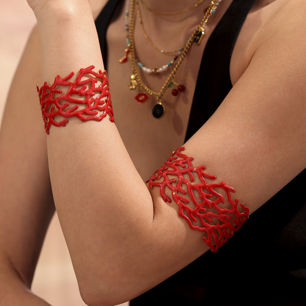 Chunky Open Bangle Real Gold Plated Stainless Steel Fashion Cuff Bracelet for Girls with White Red Enameling Colors