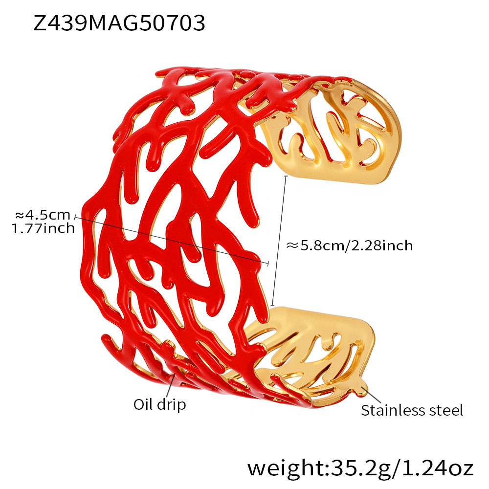 Chunky Open Bangle Real Gold Plated Stainless Steel Fashion Cuff Bracelet for Girls with White Red Enameling Colors