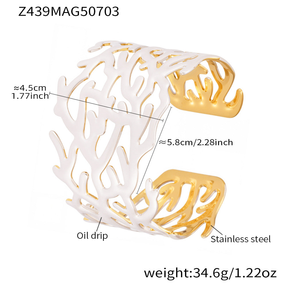 Chunky Open Bangle Real Gold Plated Stainless Steel Fashion Cuff Bracelet for Girls with White Red Enameling Colors
