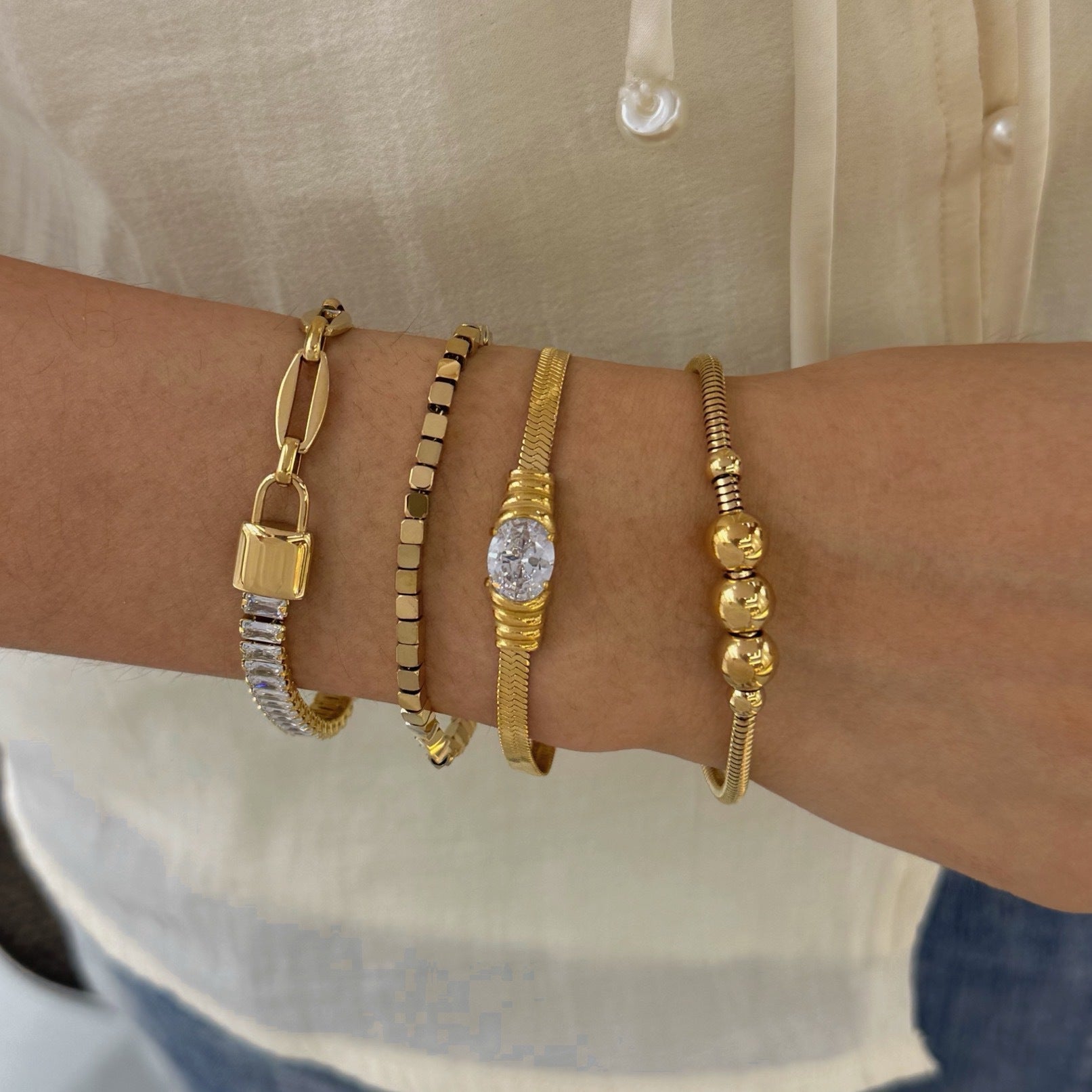 Wholesale Trendy Geometric Stainless Steel Bracelets Real Gold PVD Technology Fashion Jewelry with Zircon for Girls