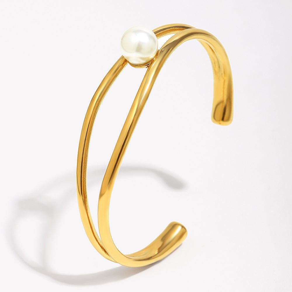 Wholesale Open Bangle Fashion Cuff Bracelets Real Gold PVD Plated Stainless Steel with Pearls for Girls