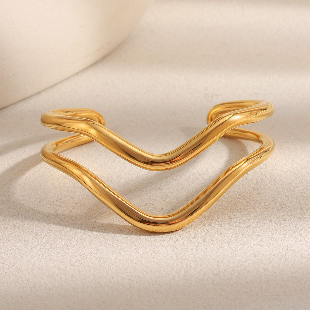 Wholesale Open Bangle Fashion Cuff Bracelets Real Gold PVD Plated Stainless Steel with Pearls for Girls