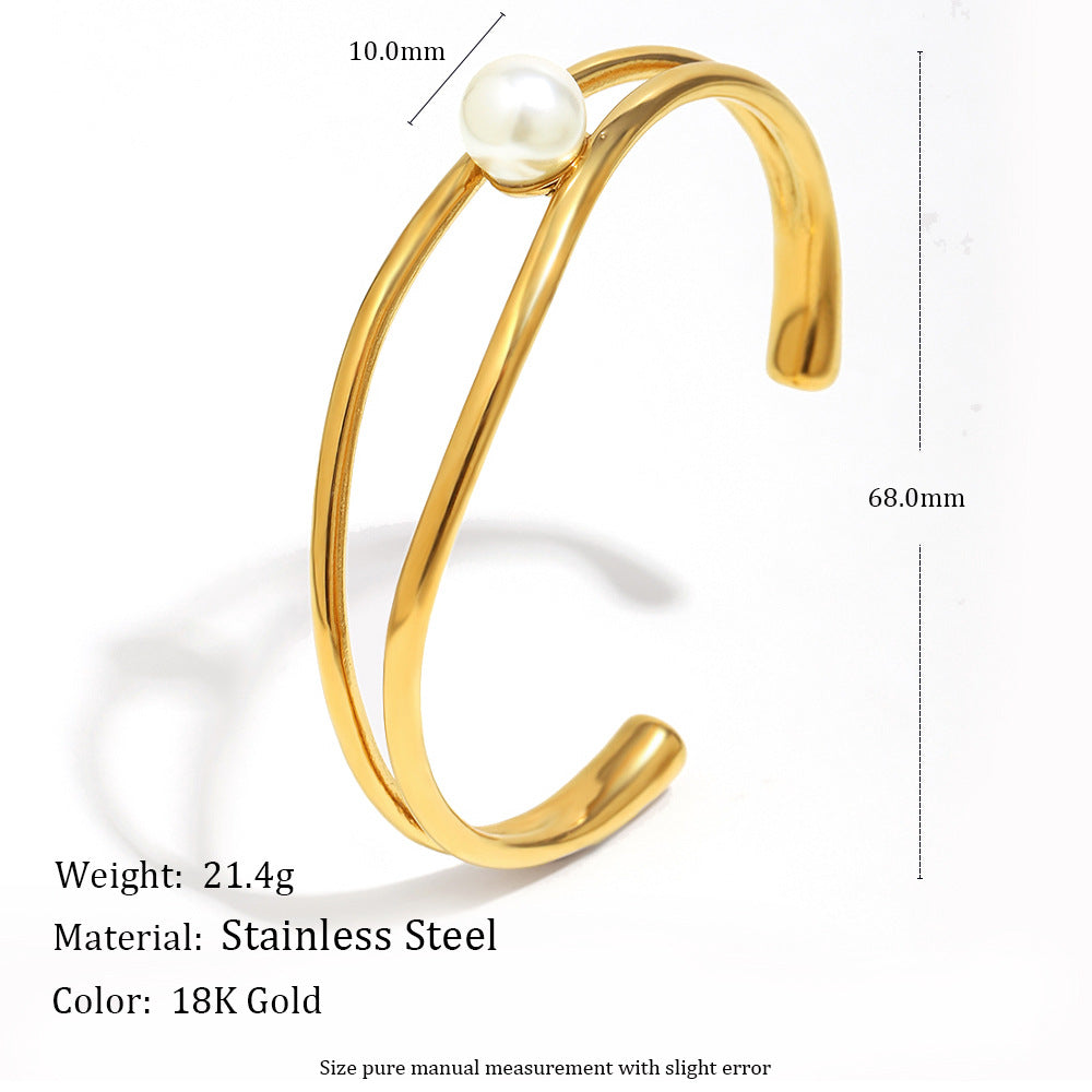Wholesale Open Bangle Fashion Cuff Bracelets Real Gold PVD Plated Stainless Steel with Pearls for Girls
