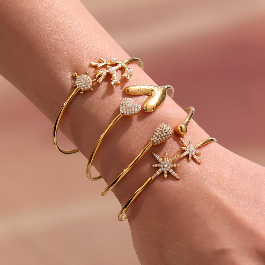 Real Gold Plated Stainless Steel Fashion Cuff Bracelets Elegant Open Cuff Bangles with Zircons for Girls Fine Jewelry