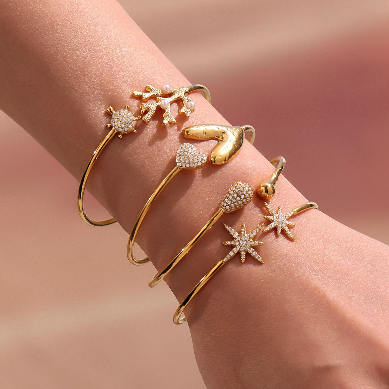 Real Gold Plated Stainless Steel Fashion Cuff Bracelets Elegant Open Cuff Bangles with Zircons for Girls Fine Jewelry