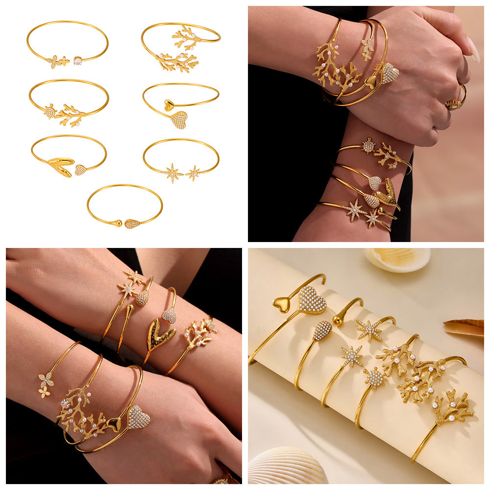 Real Gold Plated Stainless Steel Fashion Cuff Bracelets Elegant Open Cuff Bangles with Zircons for Girls Fine Jewelry