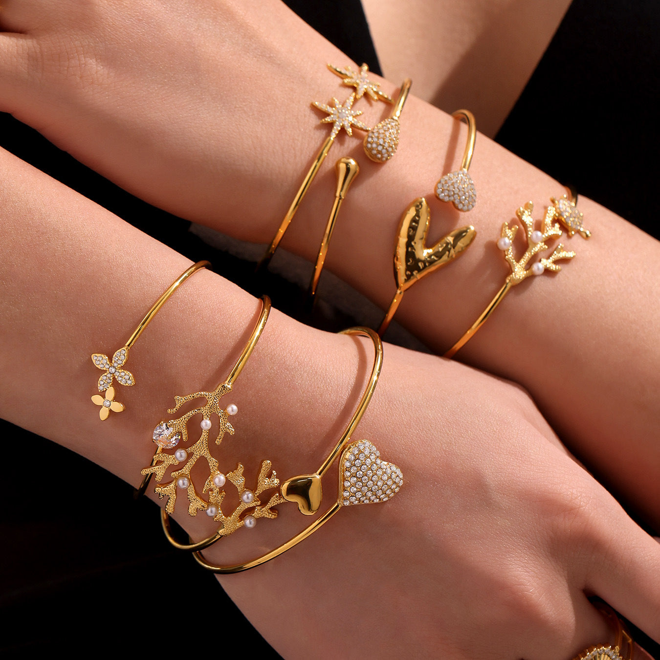 Real Gold Plated Stainless Steel Fashion Cuff Bracelets Elegant Open Cuff Bangles with Zircons for Girls Fine Jewelry