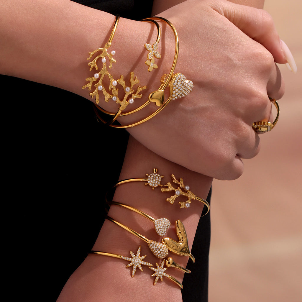 Real Gold Plated Stainless Steel Fashion Cuff Bracelets Elegant Open Cuff Bangles with Zircons for Girls Fine Jewelry