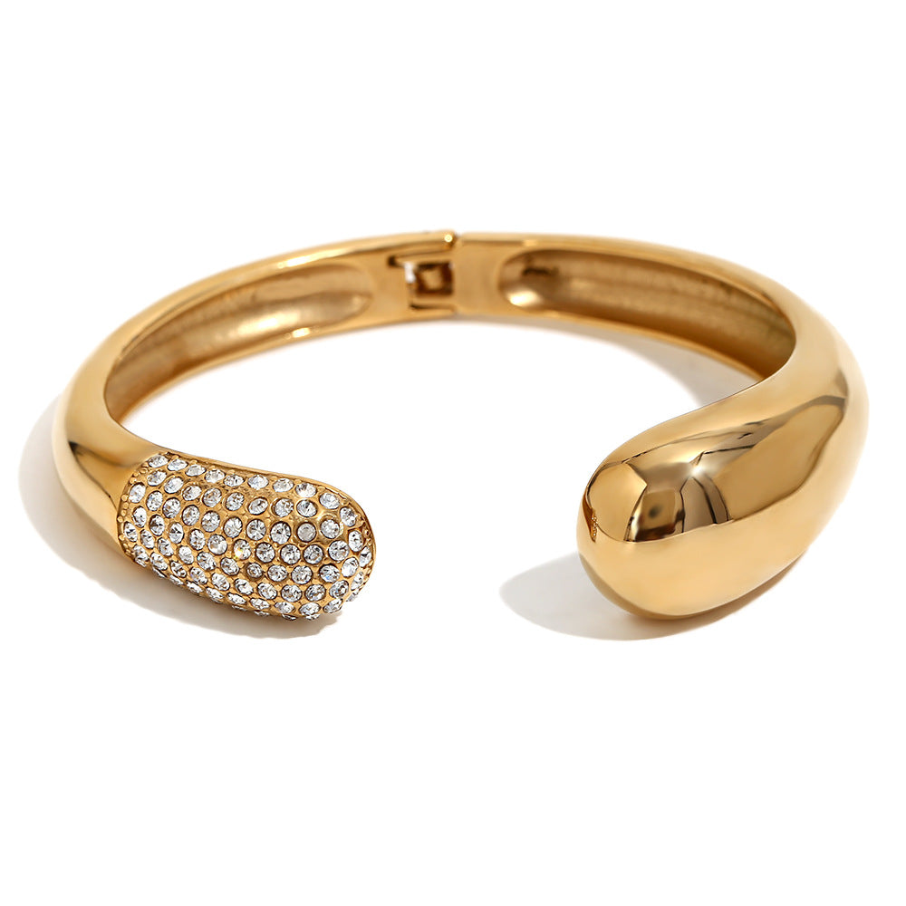 Customizable Real Gold PVD Plated Stainless Steel Open Bangle Fashionable White Zircon Cuff Bracelet for Girls
