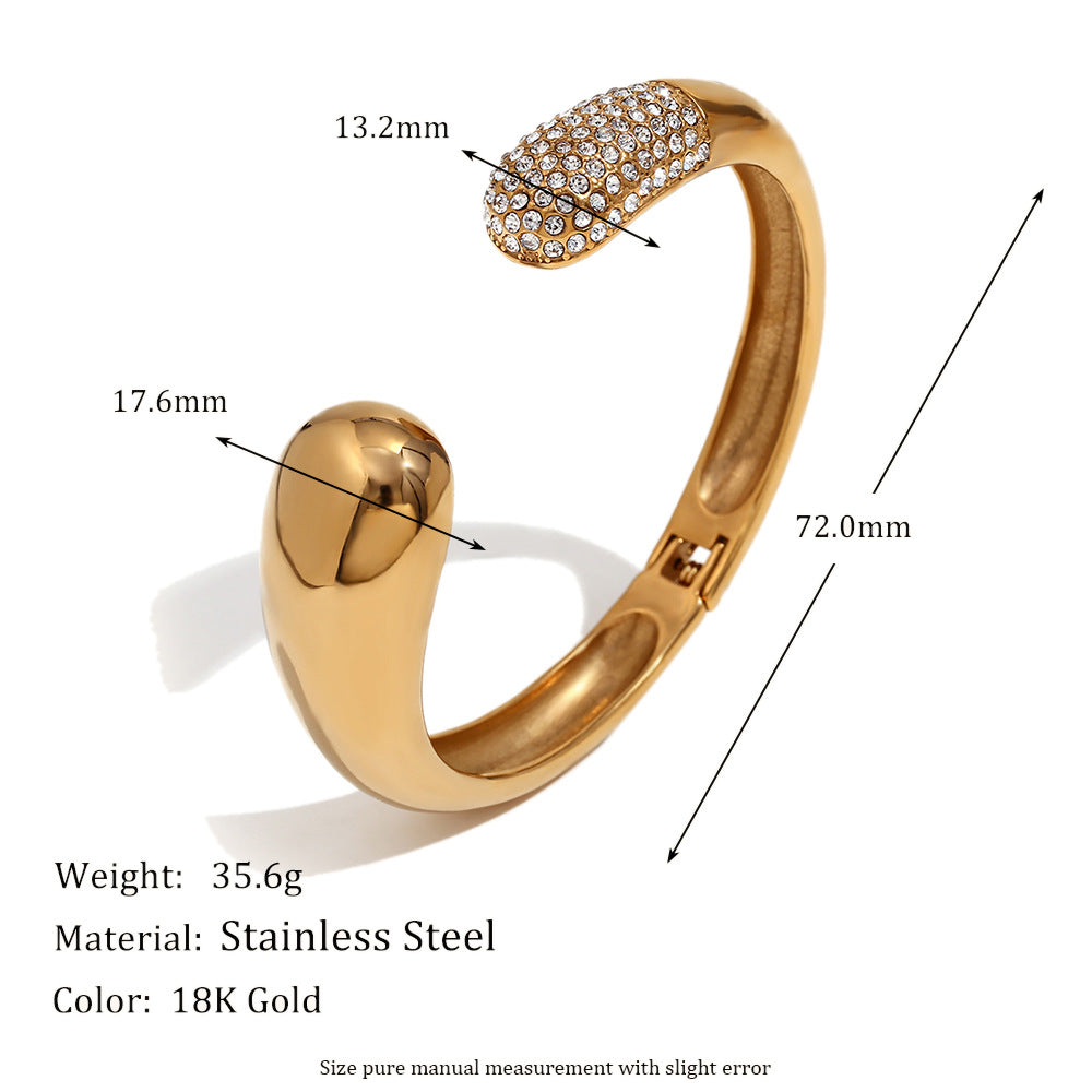 Customizable Real Gold PVD Plated Stainless Steel Open Bangle Fashionable White Zircon Cuff Bracelet for Girls