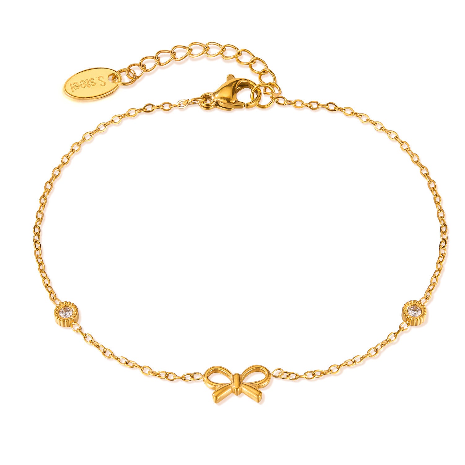 Stainless Steel Fashion Bracelet for Girls Trendy White Zircon and Bow with Real Gold Plating Cute Jewelry