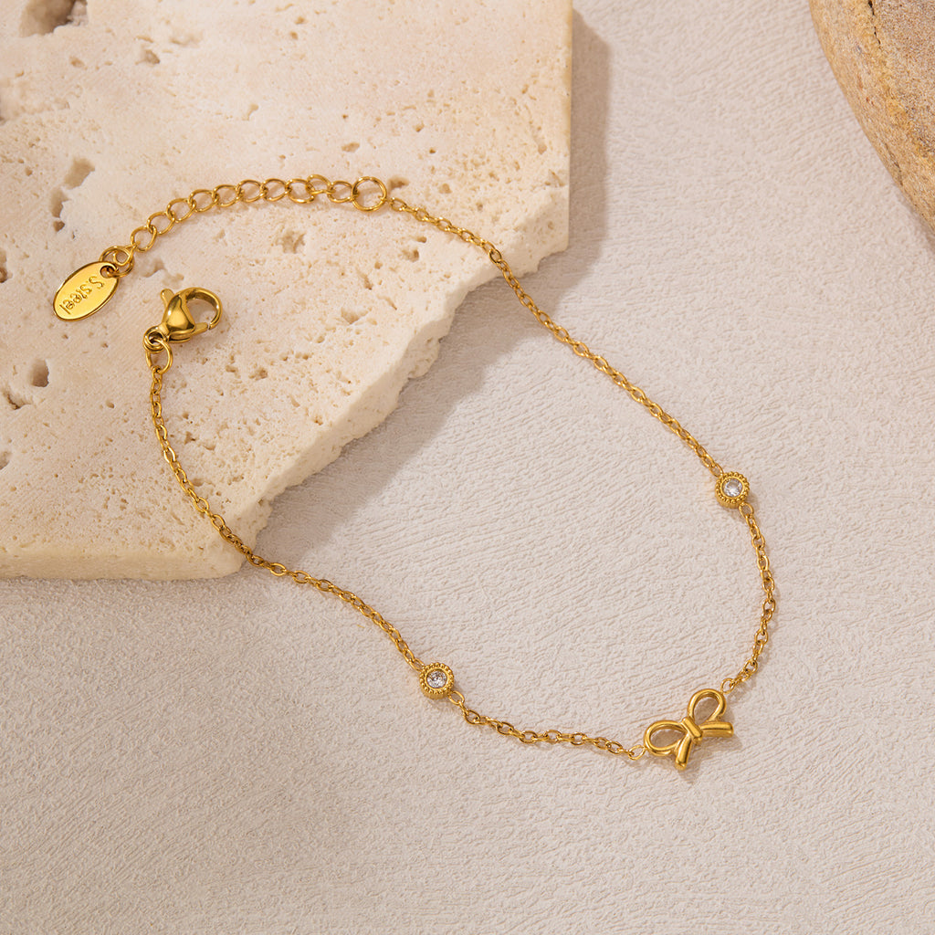 Stainless Steel Fashion Bracelet for Girls Trendy White Zircon and Bow with Real Gold Plating Cute Jewelry