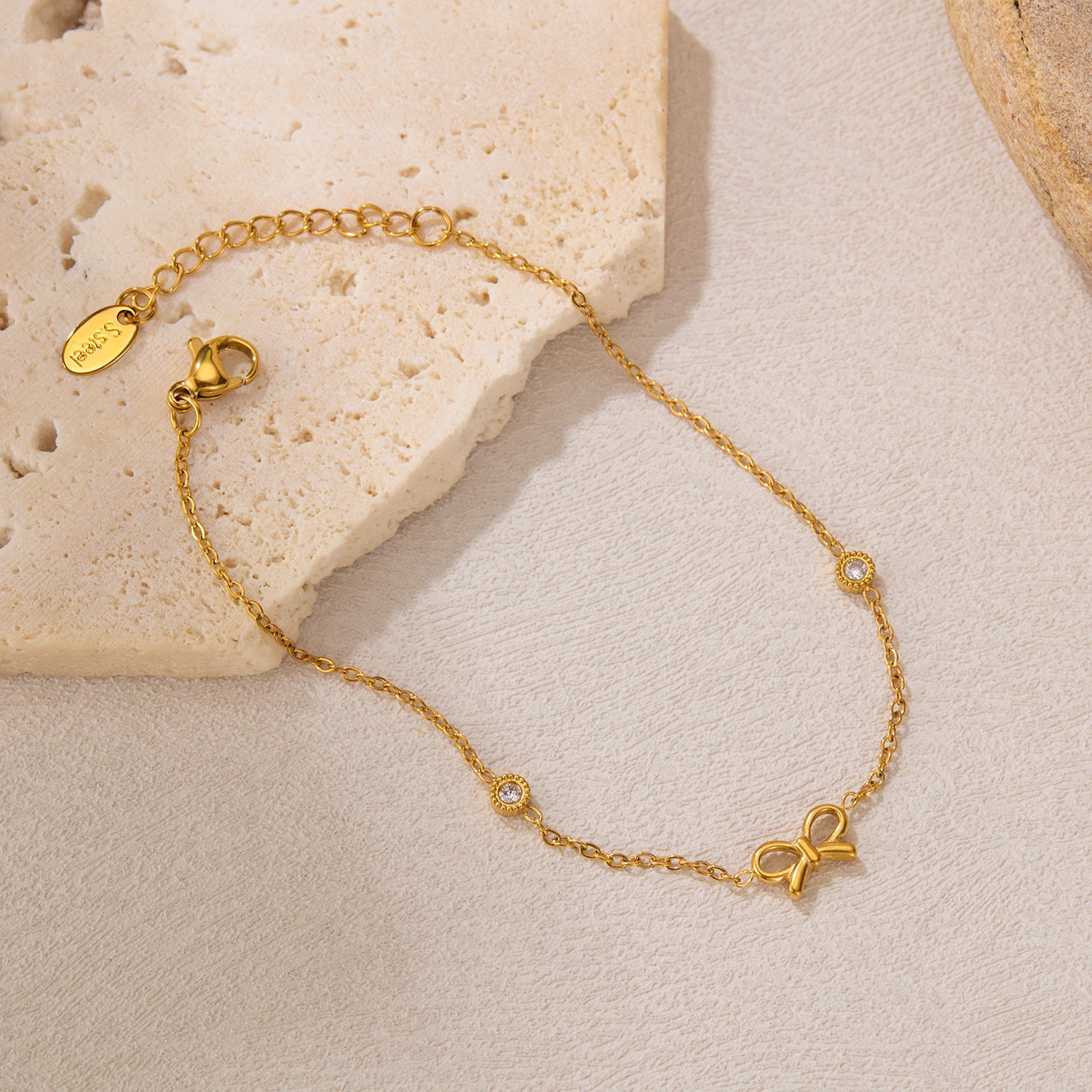 Stainless Steel Fashion Bracelet for Girls Trendy White Zircon and Bow with Real Gold Plating Cute Jewelry