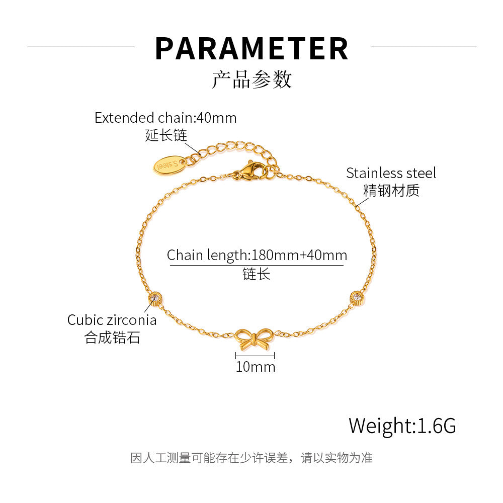 Stainless Steel Fashion Bracelet for Girls Trendy White Zircon and Bow with Real Gold Plating Cute Jewelry