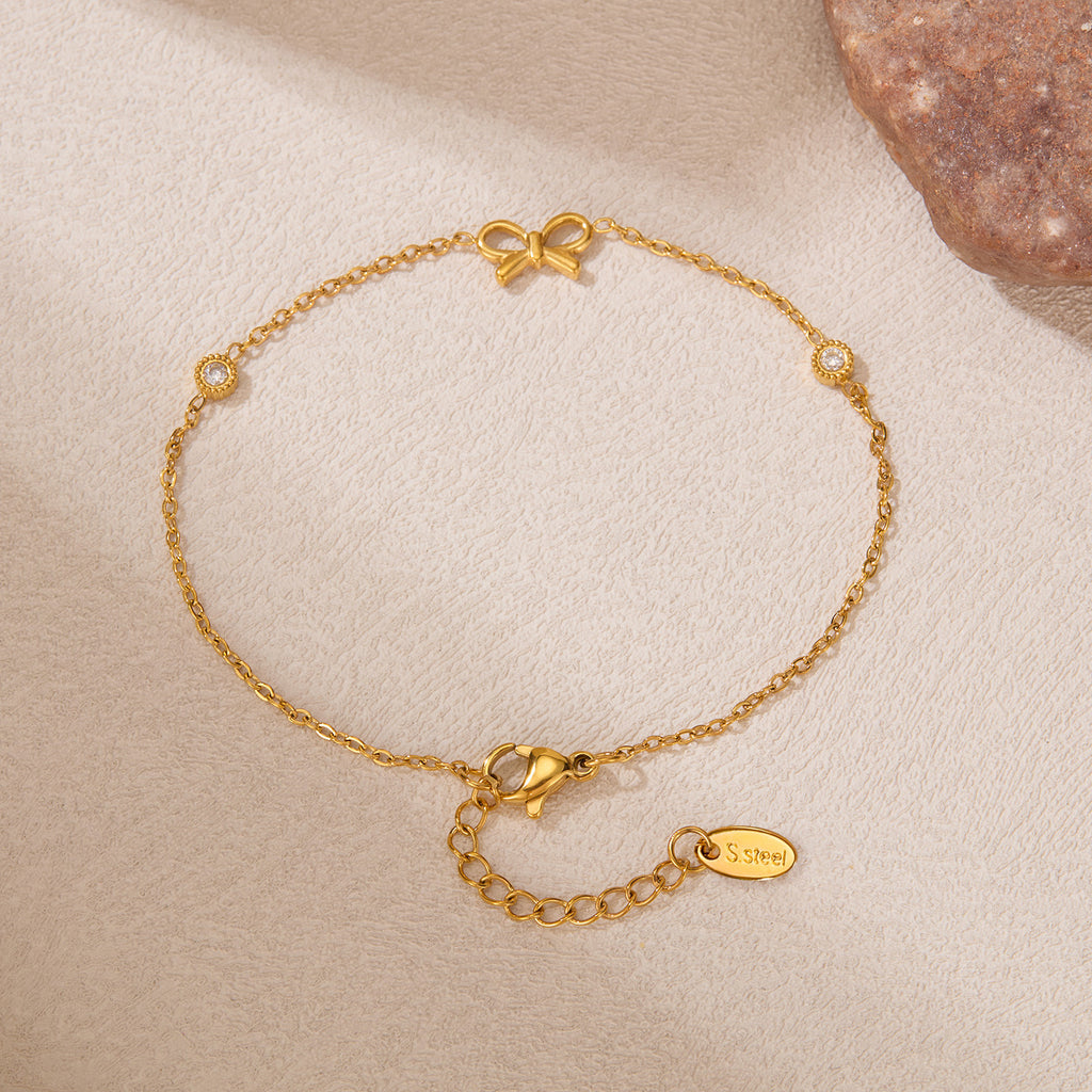 Stainless Steel Fashion Bracelet for Girls Trendy White Zircon and Bow with Real Gold Plating Cute Jewelry
