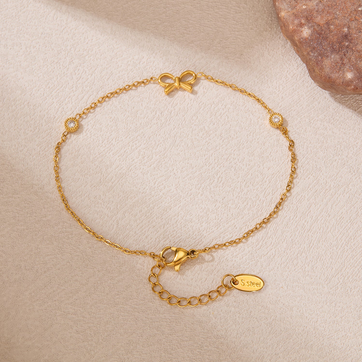Stainless Steel Fashion Bracelet for Girls Trendy White Zircon and Bow with Real Gold Plating Cute Jewelry