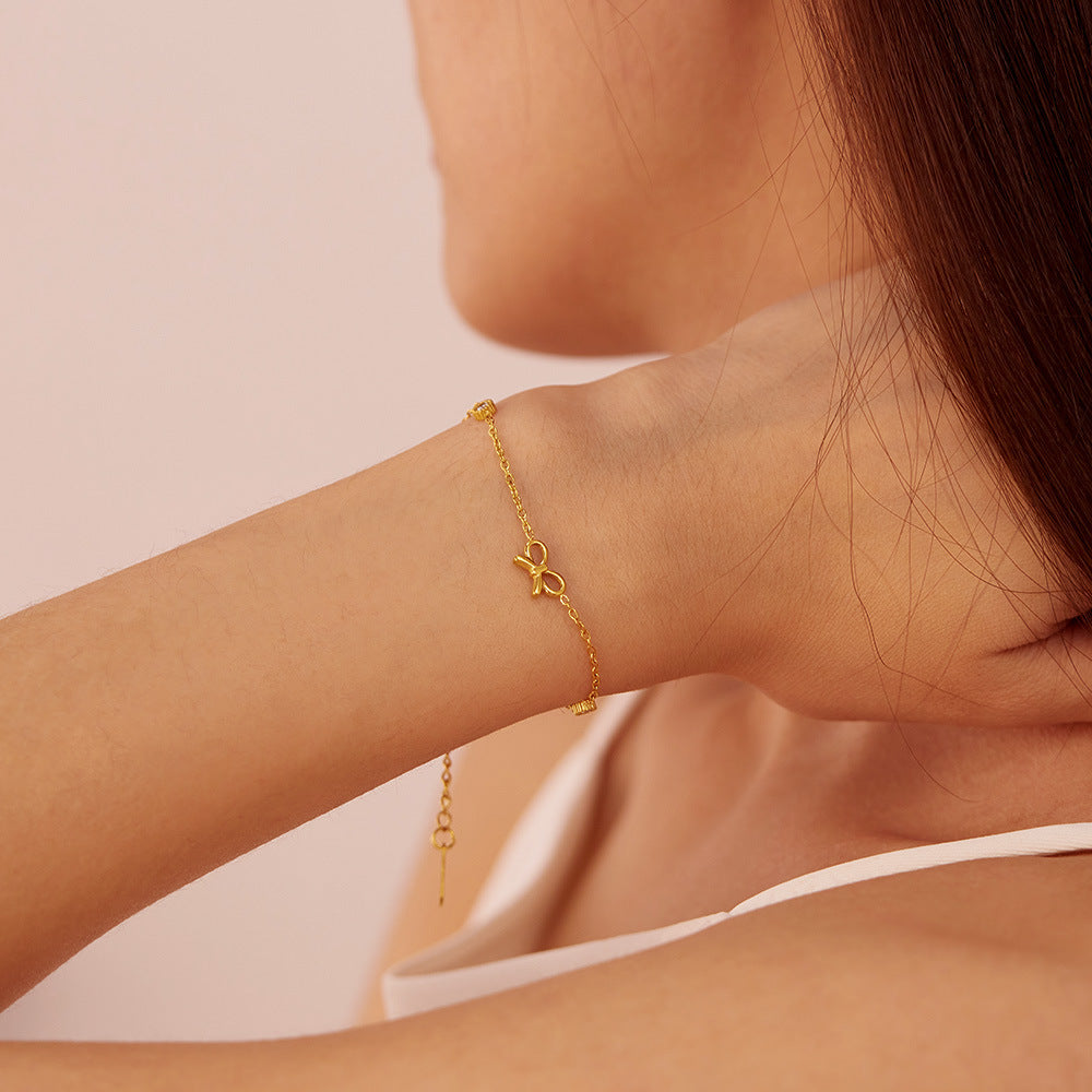 Stainless Steel Fashion Bracelet for Girls Trendy White Zircon and Bow with Real Gold Plating Cute Jewelry