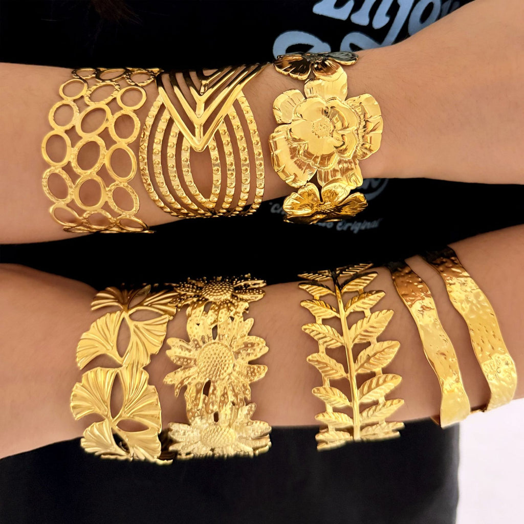 18K True Gold Plated Chunky Stainless Steel Cuff Bracelets Fashion Jewelry Hand Bangles Gold Plated Bangle
