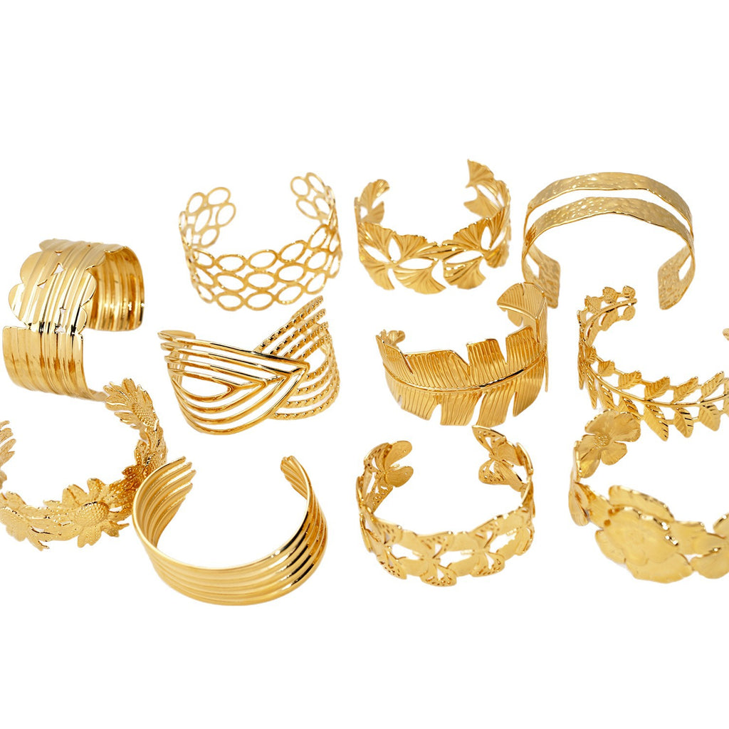 18K True Gold Plated Chunky Stainless Steel Cuff Bracelets Fashion Jewelry Hand Bangles Gold Plated Bangle