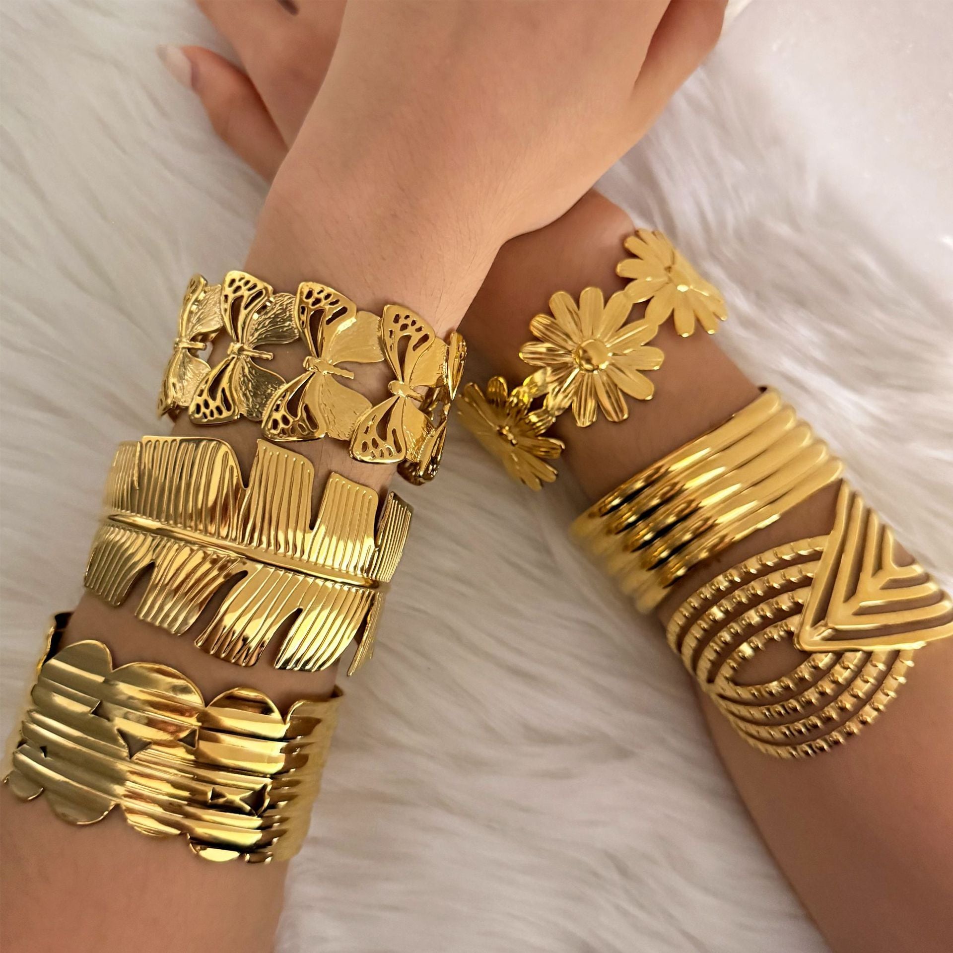 18K True Gold Plated Chunky Stainless Steel Cuff Bracelets Fashion Jewelry Hand Bangles Gold Plated Bangle